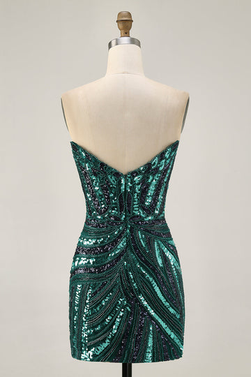 Dark Green Sparkly Strapless Sequins Tight Cocktail Dress